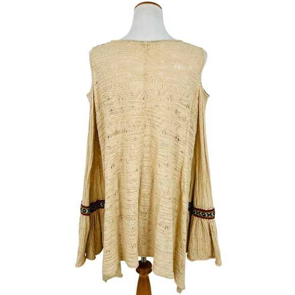 Free People Beige Crochet Cold Shoulder Bell Slv Asymmetrical Tunic Mini Dress - Picture 7 of 16